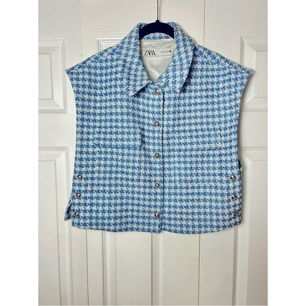 Zara Blue White Tweed Houndstooth Cropped Vest Jacket Size Large - Picture 8 of 10